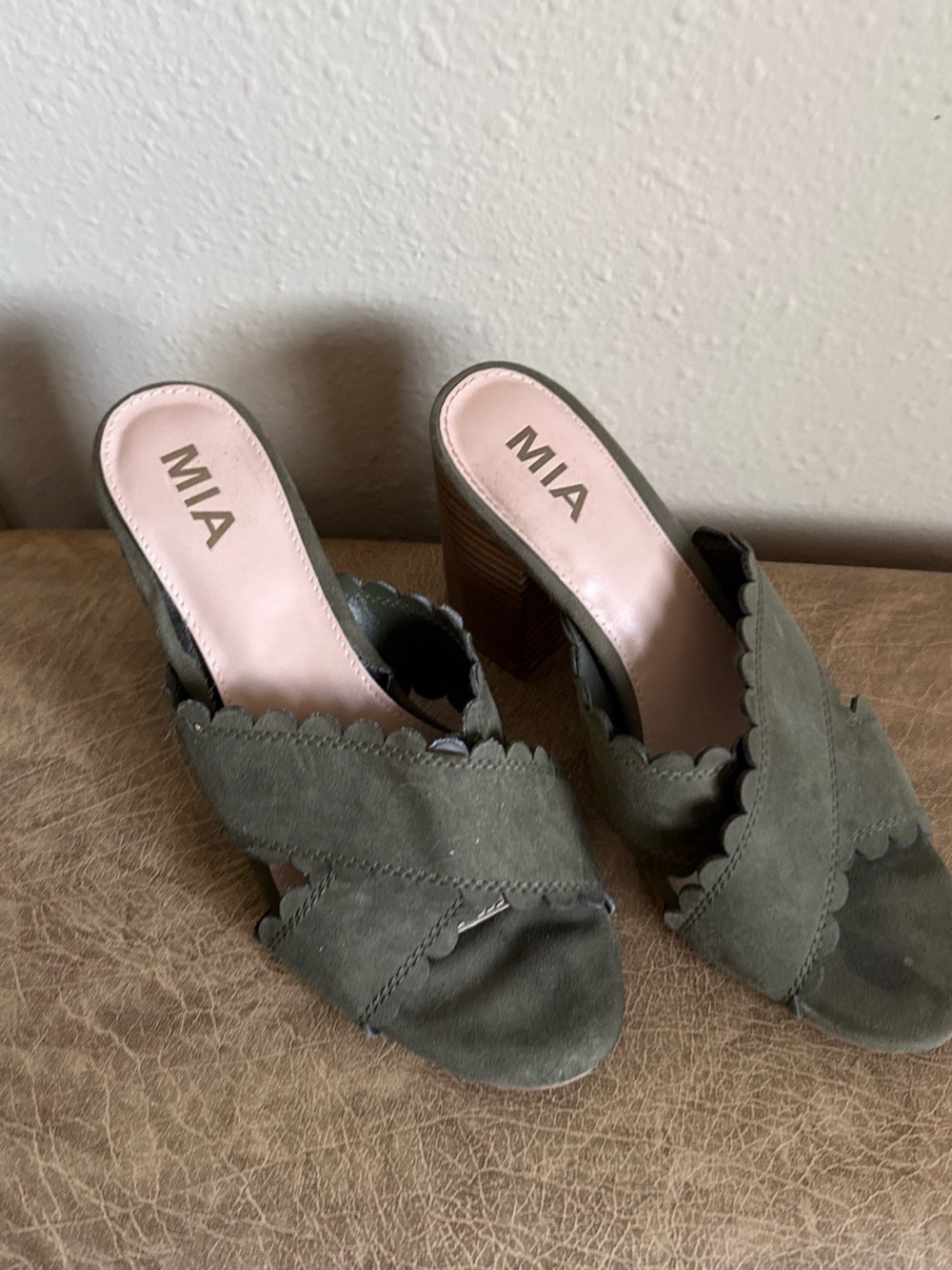 MIA Olive Suede Scalloped Block Heel Mules